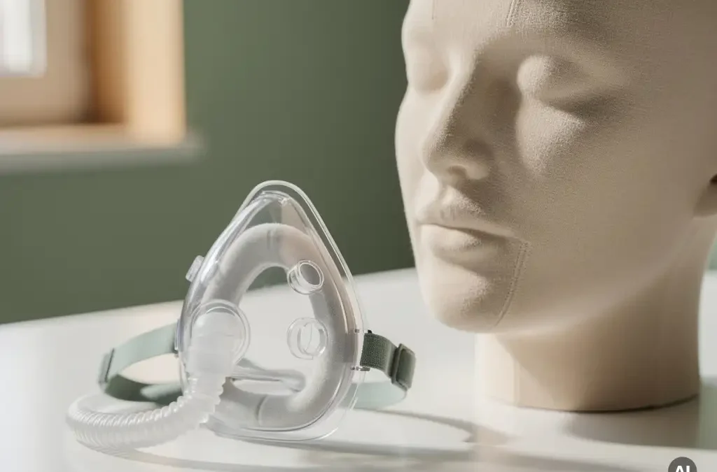 CPAP mask with silicone cushion seal resting beside a fabric fitting mannequin head on a white clinical surface.