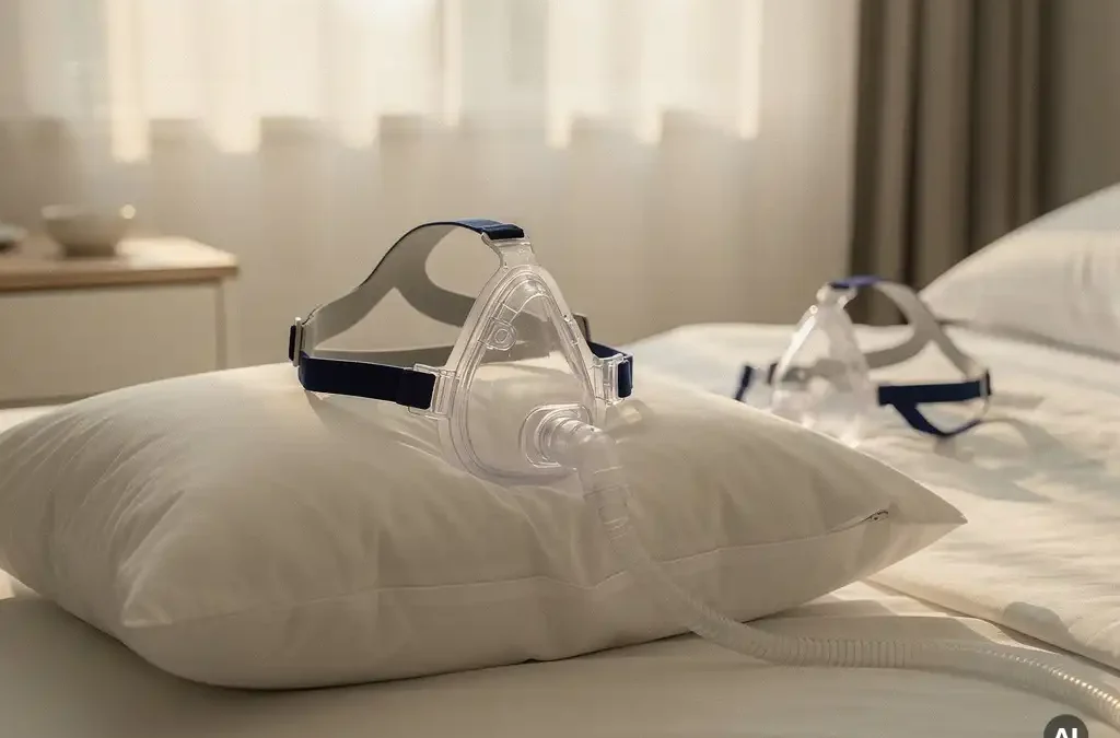 CPAP mask resting on a white pillow in a softly lit bedroom, with a second mask nearby showing strap indentations.