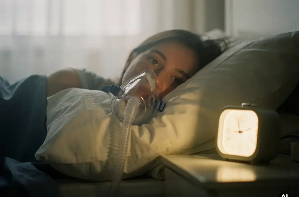CPAP mask on a rumpled white pillow beside a glowing alarm clock, with soft morning light and tired eyes visible in the background.