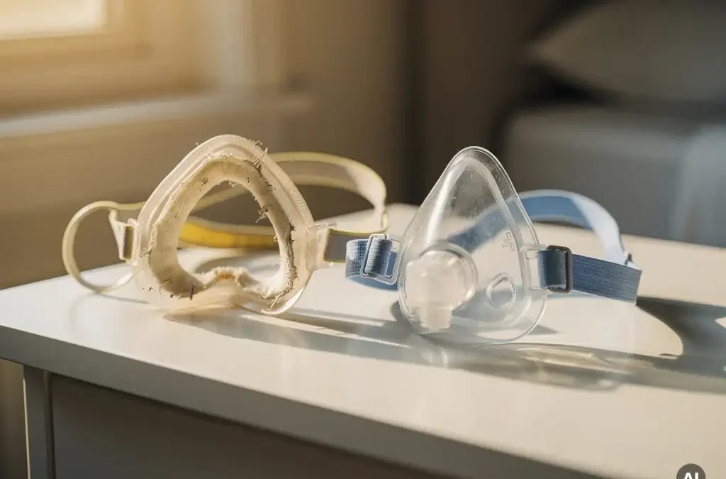 Worn CPAP mask with frayed silicone cushion and yellowed straps beside a new replacement mask on a white nightstand.