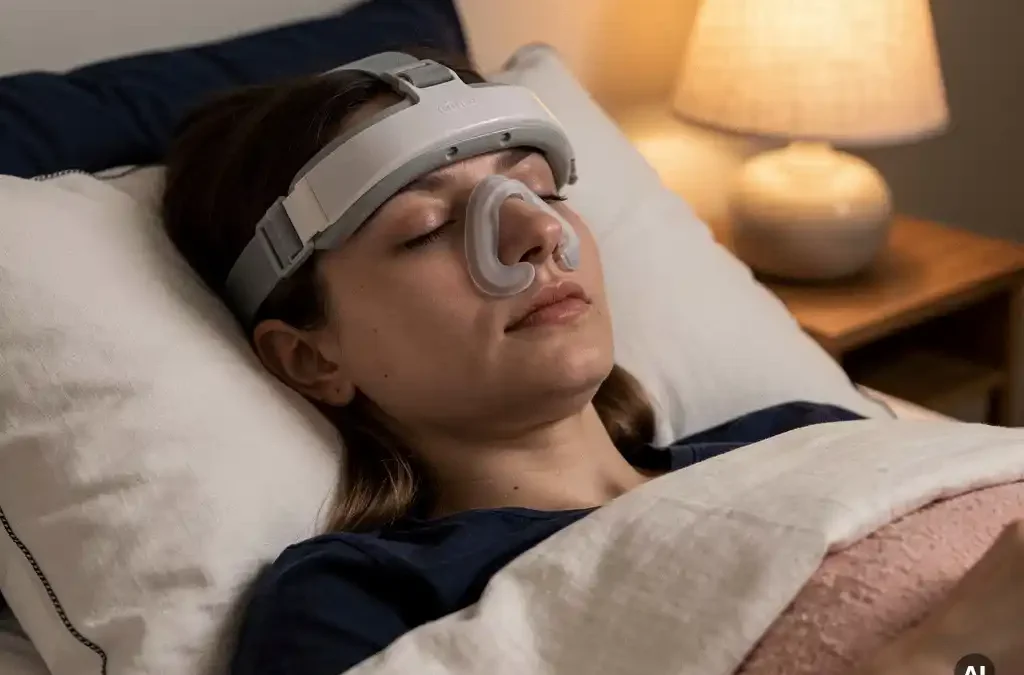 Soft CPAP mask worn by a peacefully sleeping person on white linen pillows in a warmly lit bedroom.