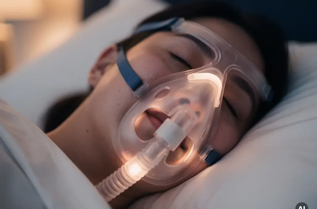 CPAP mask lifted slightly from a sleeping person's face, soft light escaping along the nose bridge in a dimly lit bedroom.