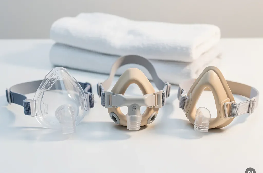Three CPAP masks with different cushion styles arranged on a white clinical surface, soft shadows, folded towel in background.
