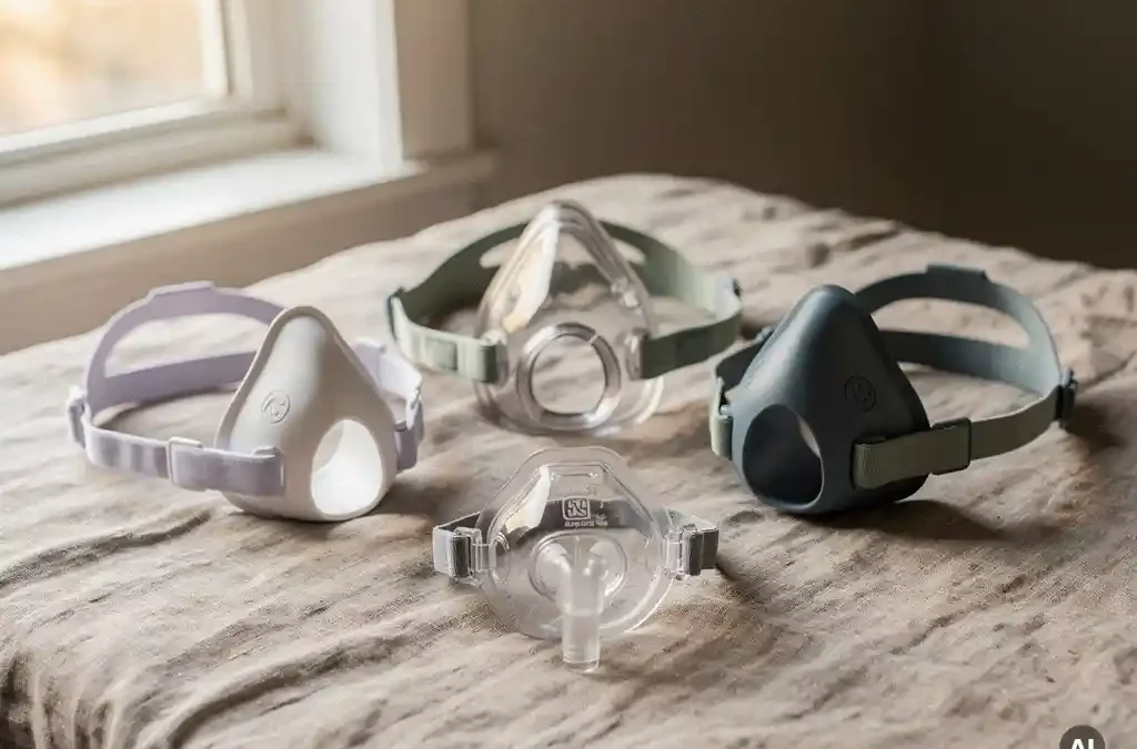 Three CPAP mask styles—full-face, nasal pillow, and nasal—arranged on linen, one set apart for comparison, in soft morning light.