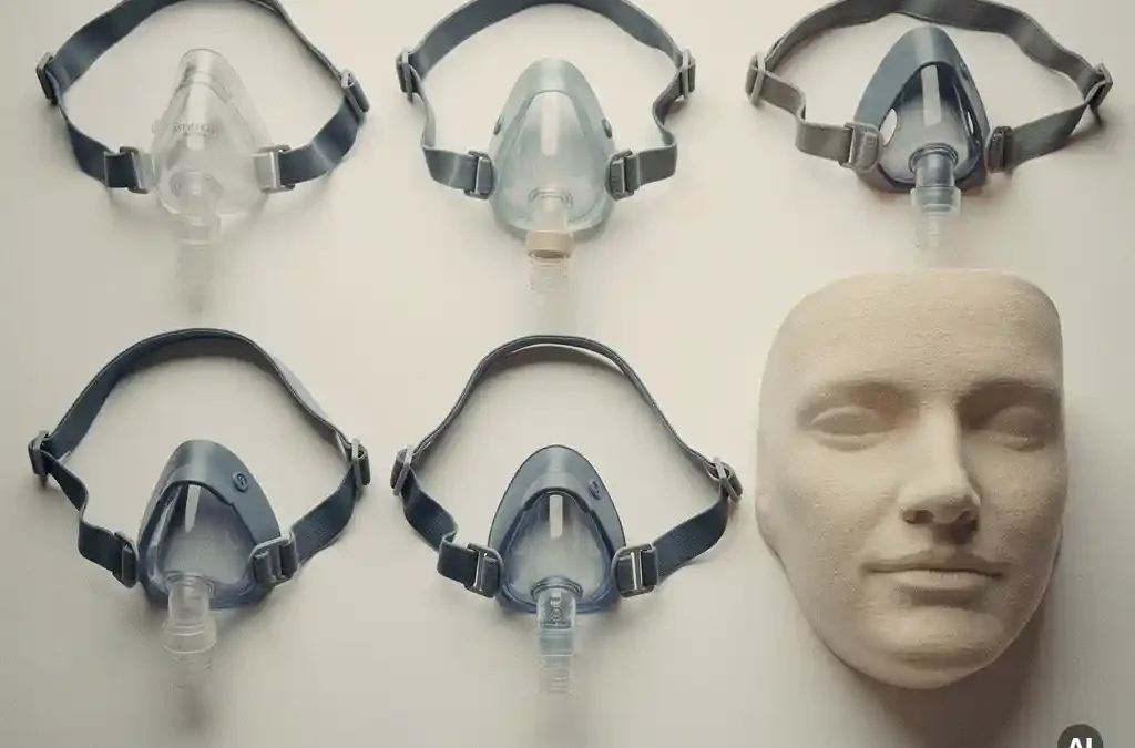 Several CPAP masks in varied shapes and sizes arranged on a white surface beside a soft fabric face mold showing fit differences.